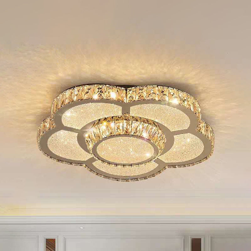 Modern White Clear Crystal Glass Flower Flush Mount Led Ceiling Light - 14/18/23.5 Warm/White Remote