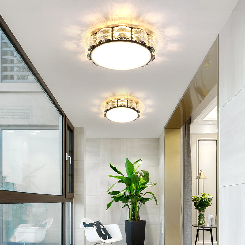 Modern LED Crystal Flush Mount Spotlight in Black/White - Round/Square Corridor Lighting