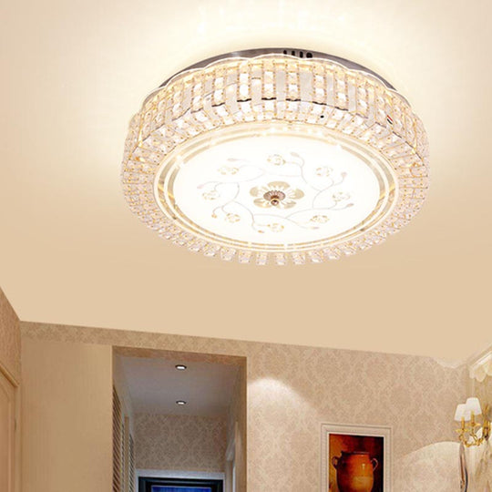 Modern K9 Crystal Flush Mount LED Ceiling Light Fixture, White Drum, 12"/16"/19.5" Wide
