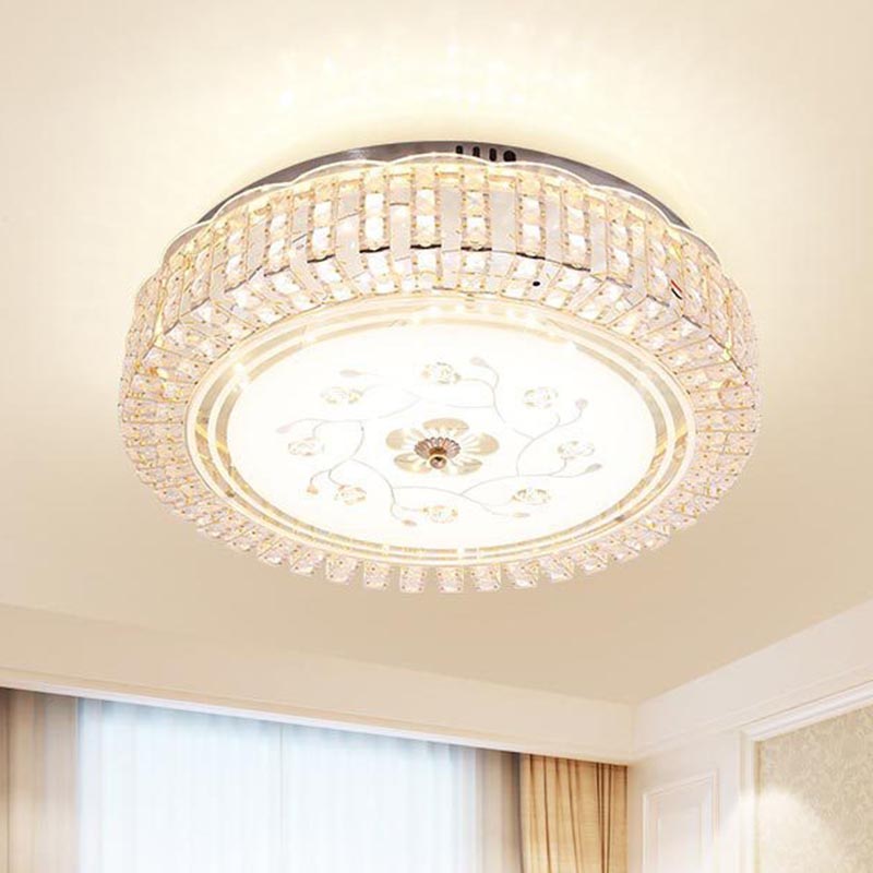 Modern K9 Crystal Flush Mount LED Ceiling Light Fixture, White Drum, 12"/16"/19.5" Wide