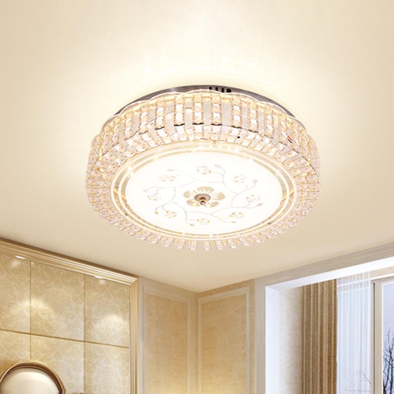 Modern K9 Crystal Flush Mount LED Ceiling Light Fixture, White Drum, 12"/16"/19.5" Wide