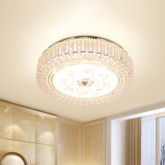 Modern K9 Crystal Flush Mount LED Ceiling Light Fixture, White Drum, 12"/16"/19.5" Wide