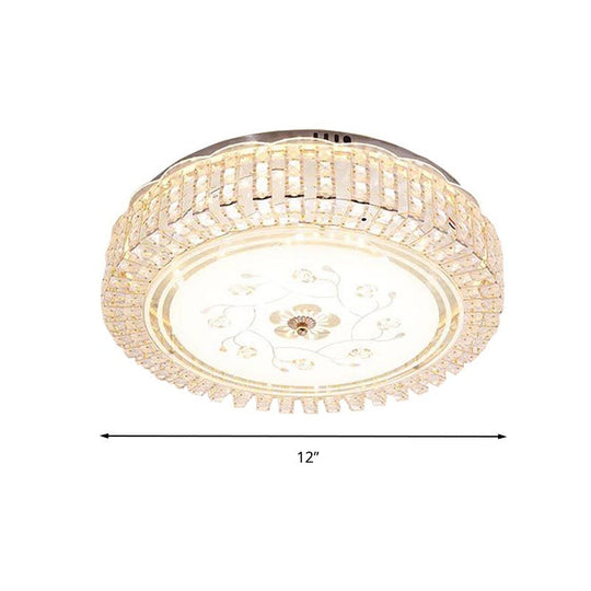 Modern K9 Crystal Flush Mount LED Ceiling Light Fixture, White Drum, 12"/16"/19.5" Wide