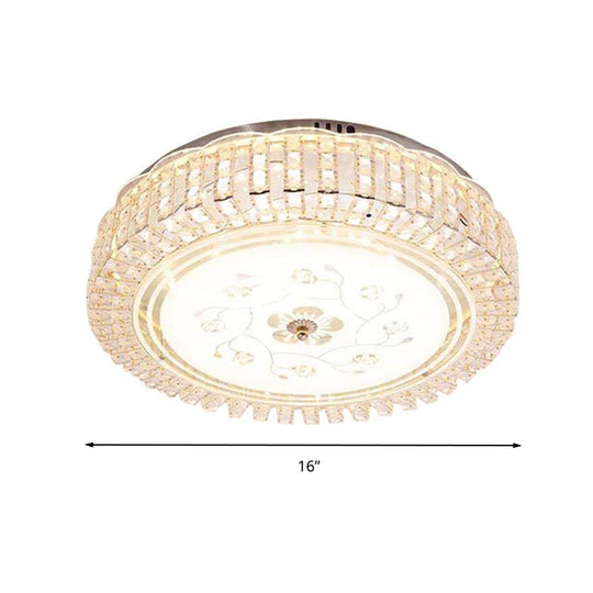 Modern K9 Crystal Flush Mount LED Ceiling Light Fixture, White Drum, 12"/16"/19.5" Wide