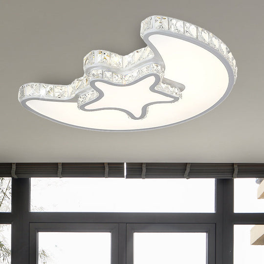 Modern LED Bedroom Ceiling Light Fixture - White Flush Mount with Star Moon Crystal Shade
