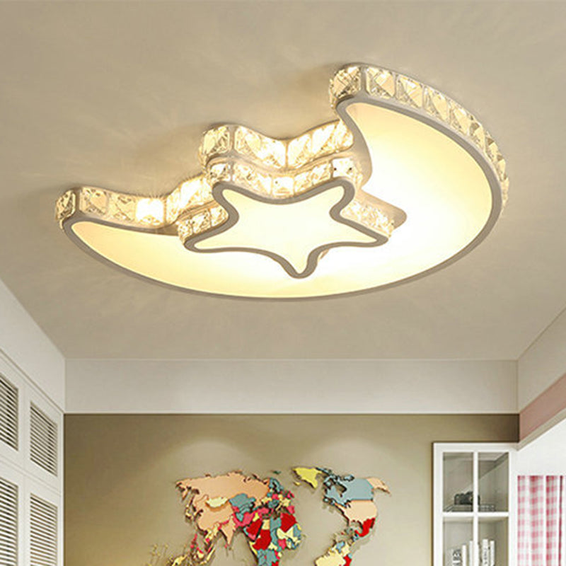 Modern LED Bedroom Ceiling Light Fixture - White Flush Mount with Star Moon Crystal Shade