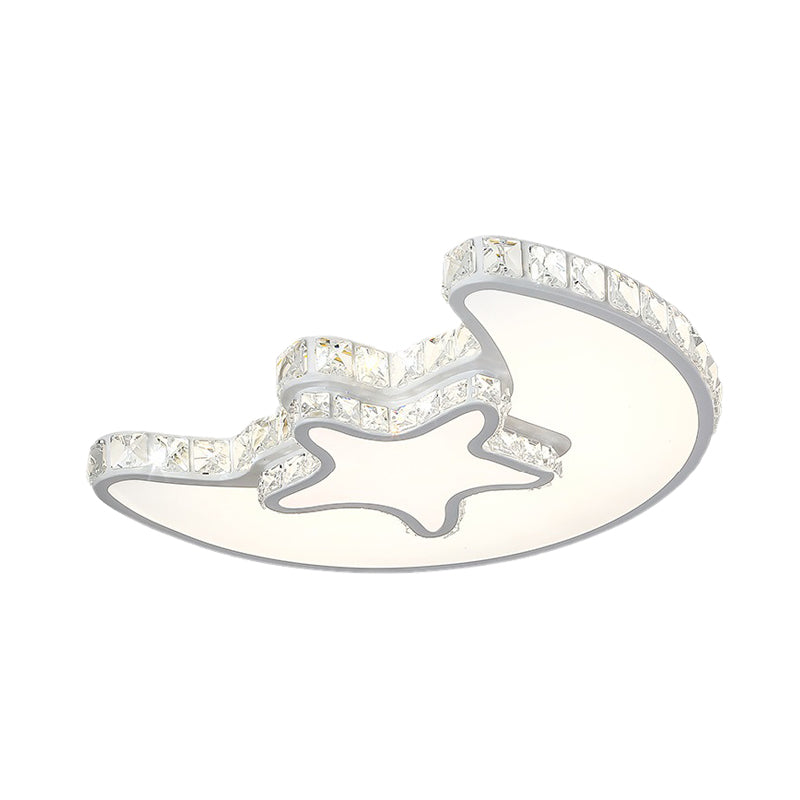 Modern LED Bedroom Ceiling Light Fixture - White Flush Mount with Star Moon Crystal Shade