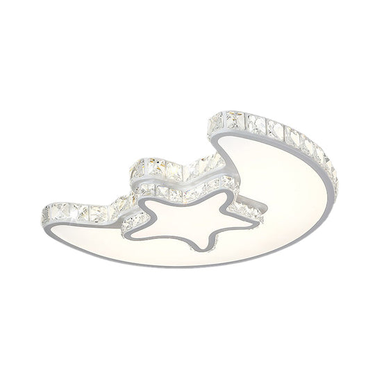Modern LED Bedroom Ceiling Light Fixture - White Flush Mount with Star Moon Crystal Shade