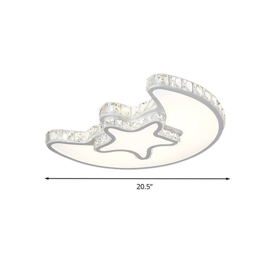 Modern LED Bedroom Ceiling Light Fixture - White Flush Mount with Star Moon Crystal Shade