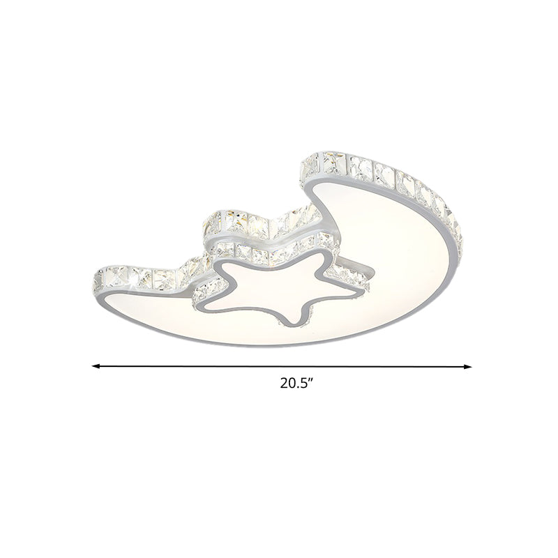 Modern Led Bedroom Ceiling Light Fixture - White Flush Mount With Star Moon Crystal Shade