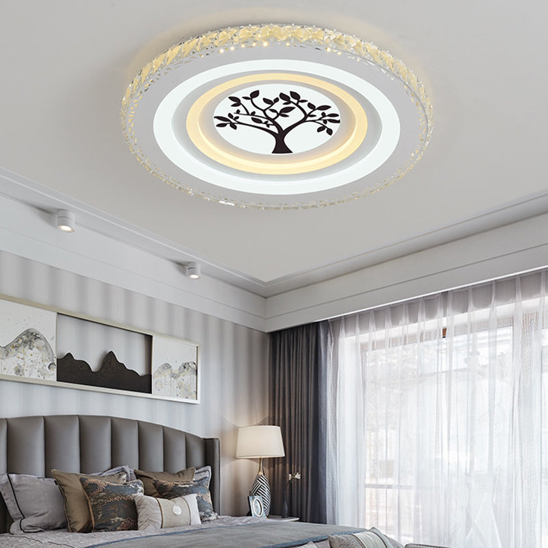 Modern Crystal LED Ceiling Light for Dining Rooms - Round Design, Flush Mount, White Finish