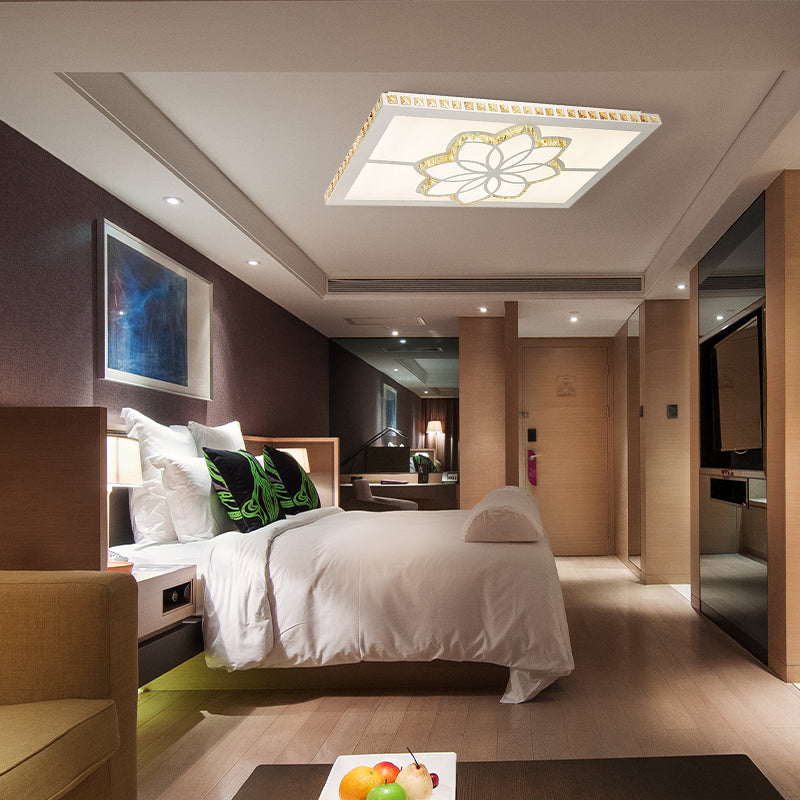 Contemporary Crystal Rectangle Ceiling Flush Mount with White LED Lighting for Living Room - Flower Pattern in 3 Color Options