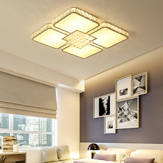 Modern Crystal Led Square Flush Mount Bedroom Ceiling Light Fixture In Warm/White