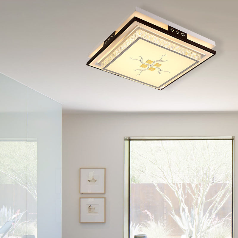 Modern Square Crystal LED Flush Light for Bedroom Ceiling - White with 3 Color Light Options
