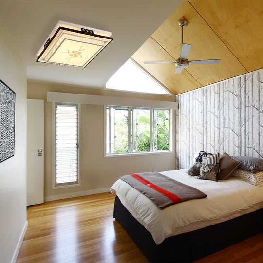 Modern Square Crystal LED Flush Light for Bedroom Ceiling - White with 3 Color Light Options