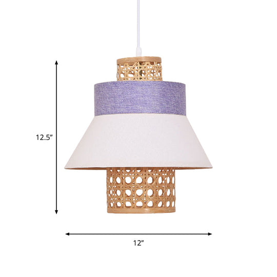Contemporary Hanging Light Kit with Fabric Shade - Green/Purple/Light Purple Cylinder Suspension Pendant
