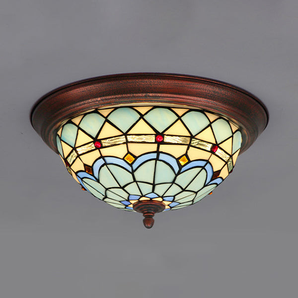Vintage Industrial Dome Flushmount Ceiling Light with Stained Glass in White/Clear/Blue
