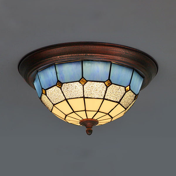 Vintage Industrial Dome Flushmount Ceiling Light with Stained Glass in White/Clear/Blue