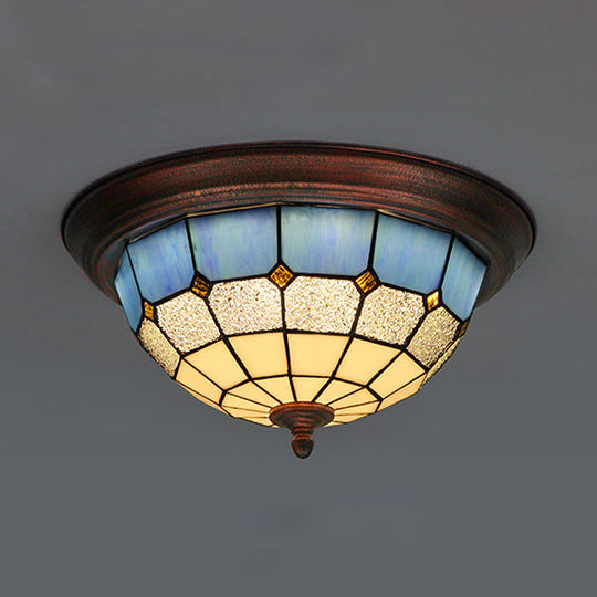 Vintage Industrial Dome Flushmount Ceiling Light with Stained Glass in White/Clear/Blue