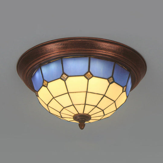 Vintage Industrial Dome Flushmount Ceiling Light with Stained Glass in White/Clear/Blue