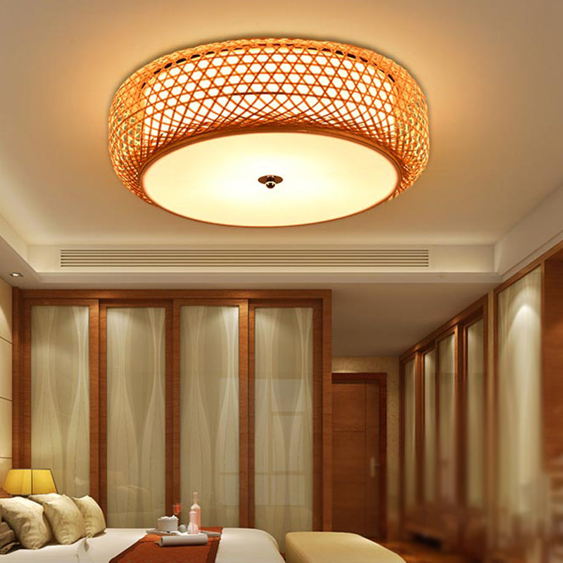 Bamboo LED Flush Mount Lamp for Living Room - Traditional Wood Cylinder/Donut Design