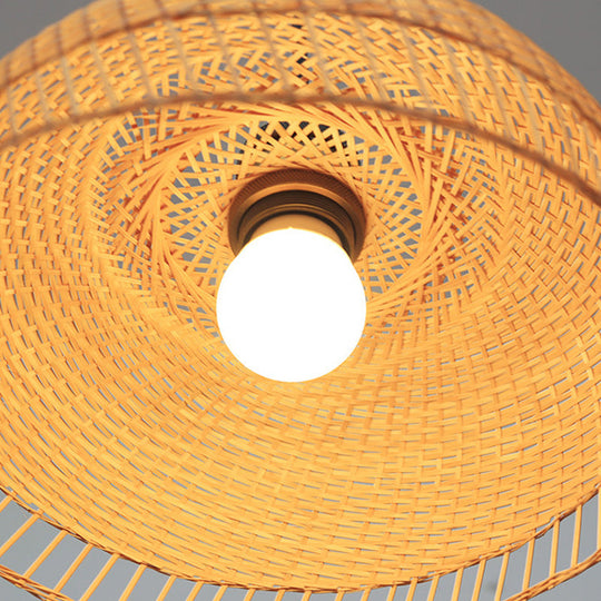 Contemporary Bamboo Wood Dome Pendant Light With Suspension - 1 Bulb Hanging Fixture