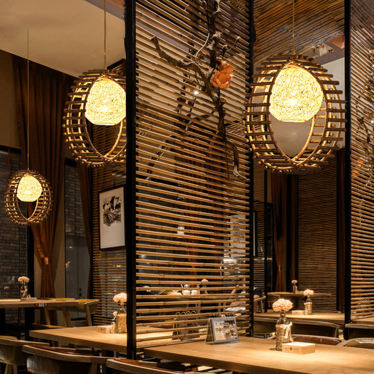 Contemporary Bamboo Circular Pendant Light - 1 Head Beige Ceiling Suspension