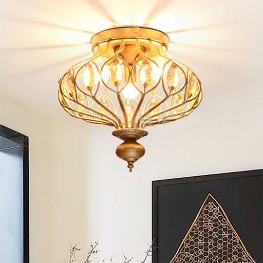 Metal Cage Crystal Flush Mount Lamp, 3/6 Lights, Brass
