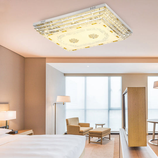 Contemporary Crystal Rod Ceiling Light in White Rectangle Design - LED Fixture with Multi-Color Options (19.5"/31.5" Width)