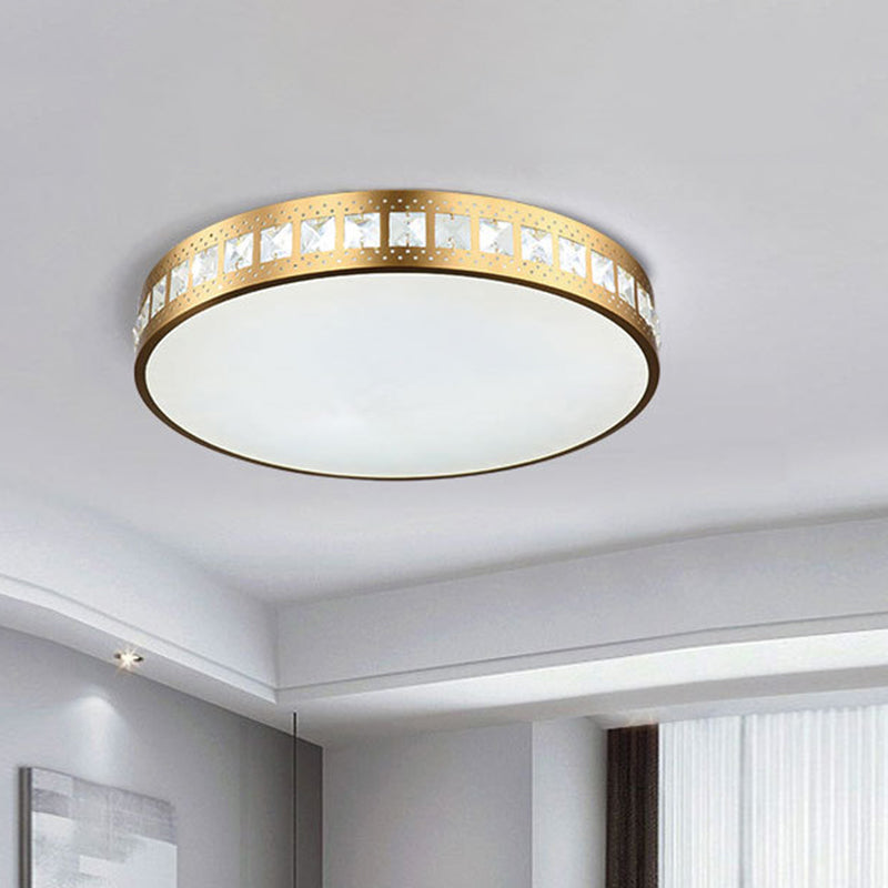 Simple K9 Crystal Gold Drum Ceiling Light - LED Flush Mount Fixture (16"/19.5"/23.5") - 3 Color Options/Remote Control Dimming