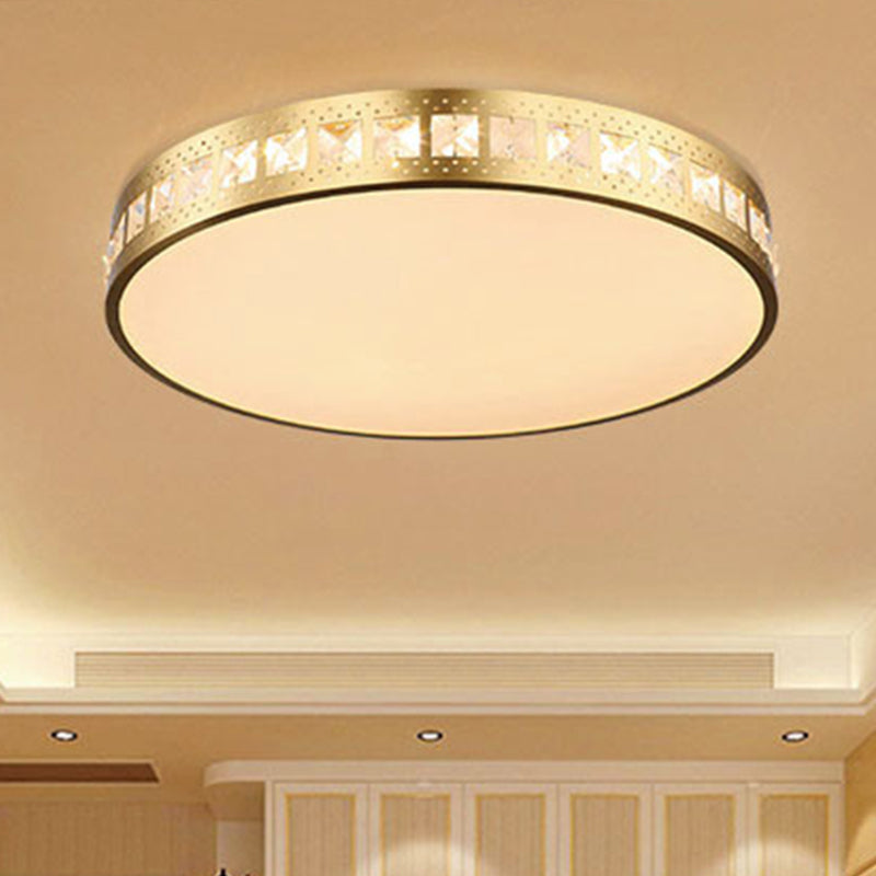 Simple K9 Crystal Gold Drum Ceiling Light - LED Flush Mount Fixture (16"/19.5"/23.5") - 3 Color Options/Remote Control Dimming