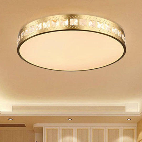 Simple K9 Crystal Gold Drum Ceiling Light - LED Flush Mount Fixture (16"/19.5"/23.5") - 3 Color Options/Remote Control Dimming