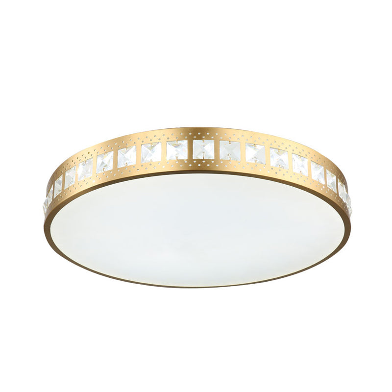 Simple K9 Crystal Gold Drum Ceiling Light - LED Flush Mount Fixture (16"/19.5"/23.5") - 3 Color Options/Remote Control Dimming