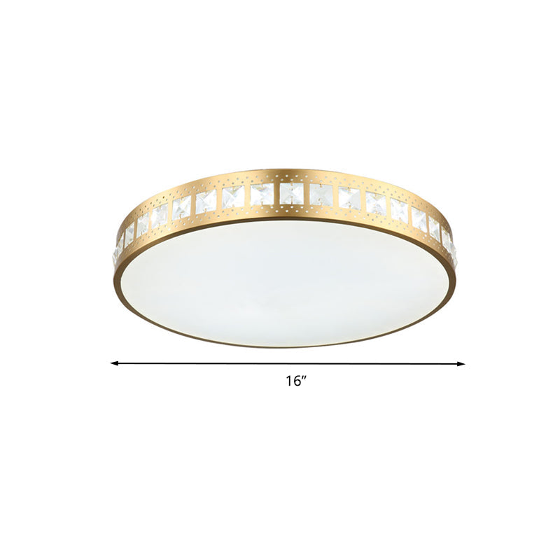 Simple K9 Crystal Gold Drum Ceiling Light - LED Flush Mount Fixture (16"/19.5"/23.5") - 3 Color Options/Remote Control Dimming