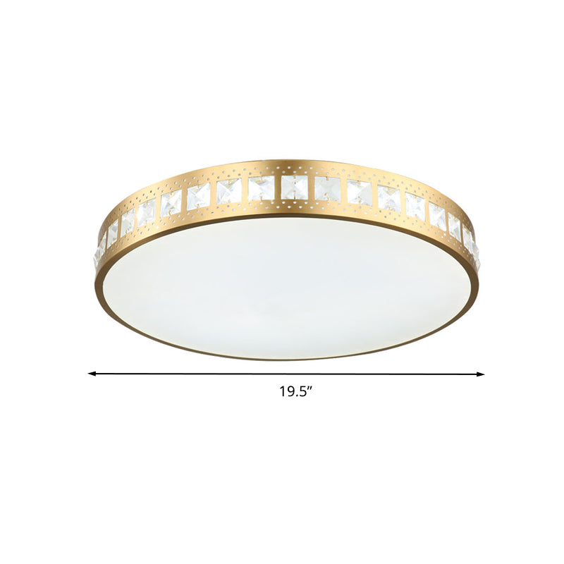 Simple K9 Crystal Gold Drum Ceiling Light - LED Flush Mount Fixture (16"/19.5"/23.5") - 3 Color Options/Remote Control Dimming