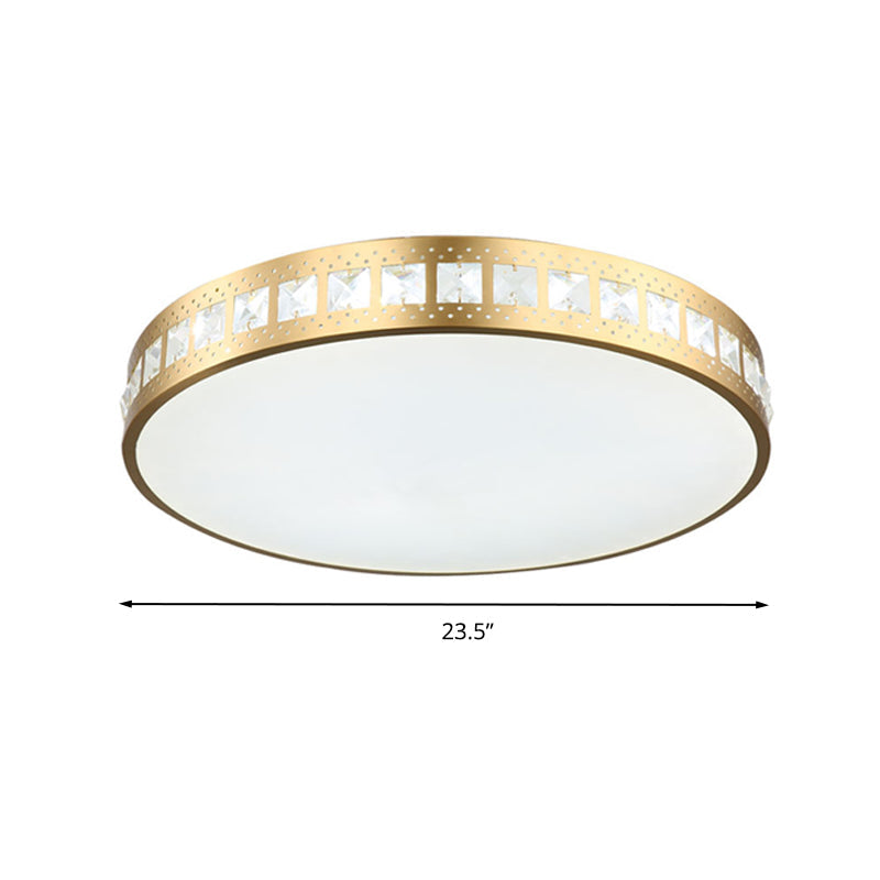 Simple K9 Crystal Gold Drum Ceiling Light - LED Flush Mount Fixture (16"/19.5"/23.5") - 3 Color Options/Remote Control Dimming