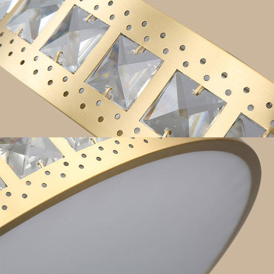 Simple K9 Crystal Gold Drum Ceiling Light - LED Flush Mount Fixture (16"/19.5"/23.5") - 3 Color Options/Remote Control Dimming