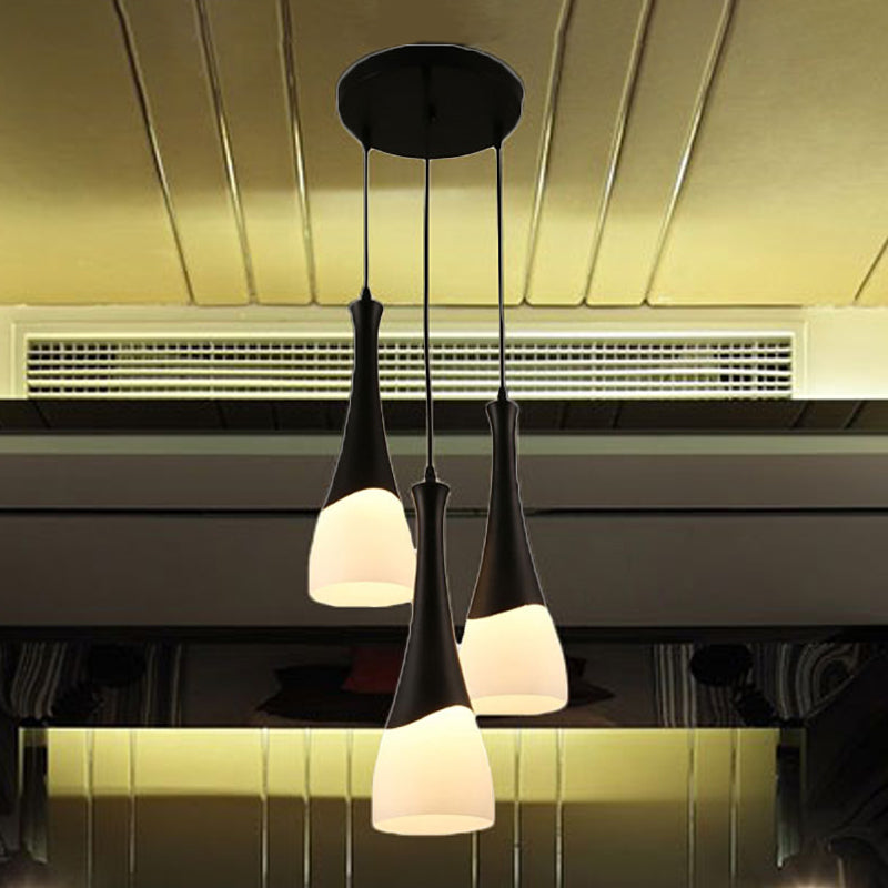 Contemporary Cone Pendant Light - Milky Glass, 1/3 Lights, Black Hanging Lamp with Canopy - Round or Linear
