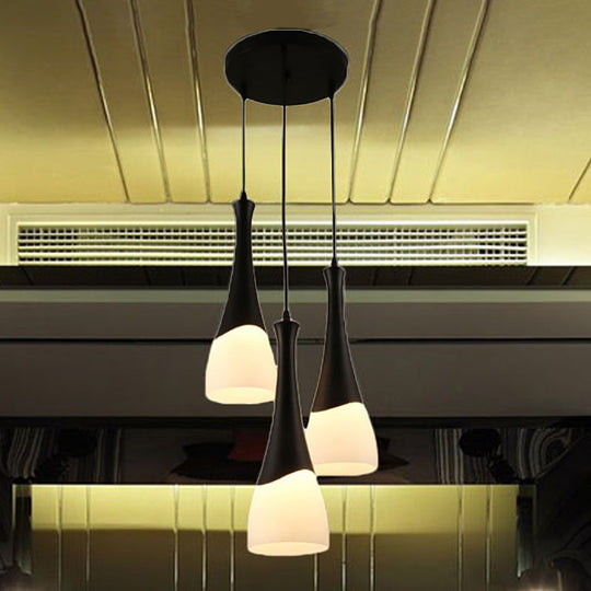 Contemporary Cone Pendant Light - Milky Glass, 1/3 Lights, Black Hanging Lamp with Canopy - Round or Linear