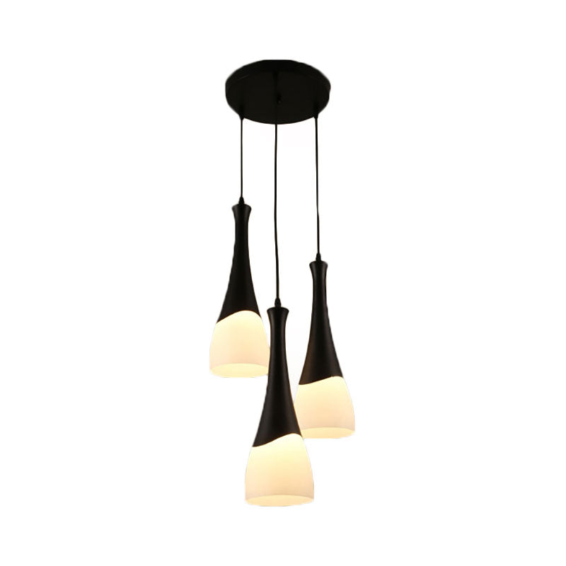 Contemporary Cone Pendant Light - Milky Glass, 1/3 Lights, Black Hanging Lamp with Canopy - Round or Linear