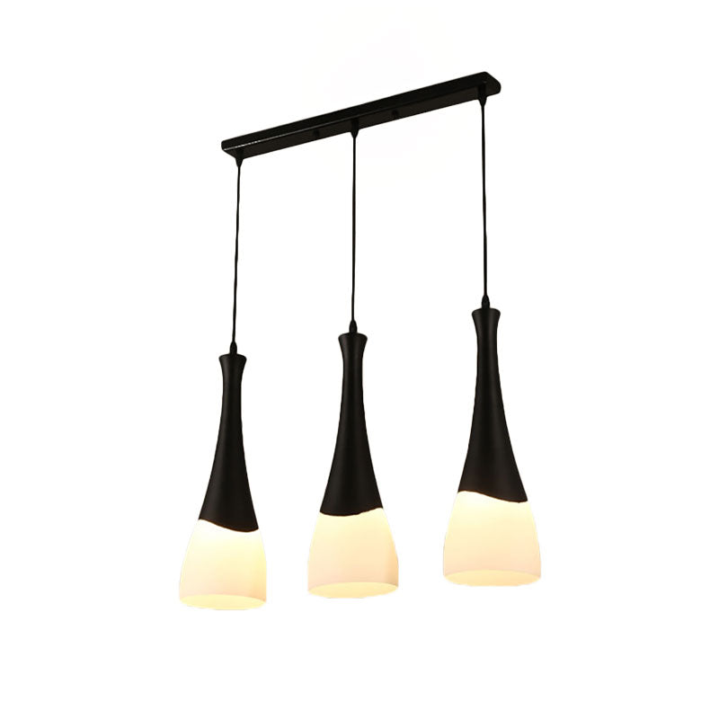 Contemporary Cone Pendant Light - Milky Glass, 1/3 Lights, Black Hanging Lamp with Canopy - Round or Linear