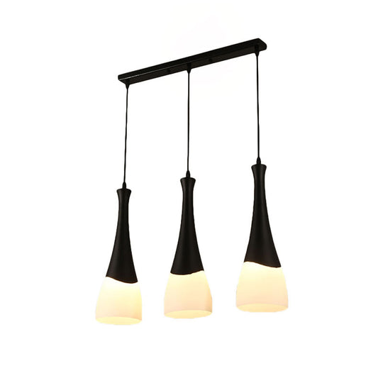 Contemporary Cone Pendant Light - Milky Glass, 1/3 Lights, Black Hanging Lamp with Canopy - Round or Linear