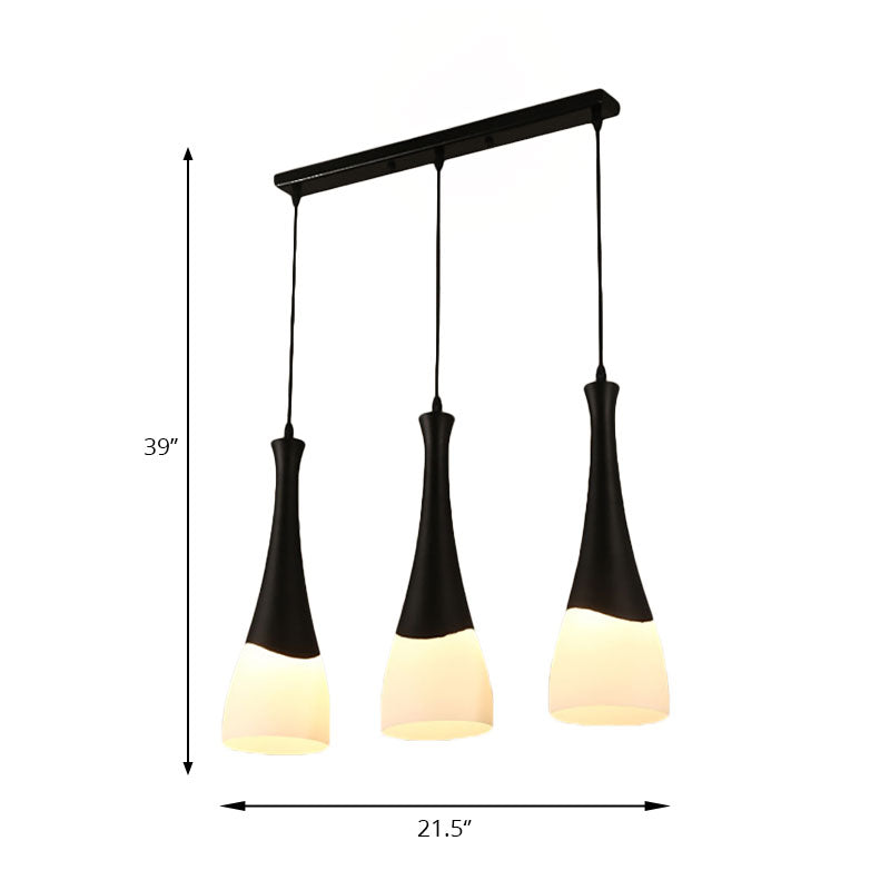 Contemporary Cone Pendant Light - Milky Glass, 1/3 Lights, Black Hanging Lamp with Canopy - Round or Linear