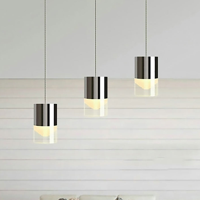 Modern Metal & Glass Chrome Triple Light Cylinder Pendant Lamp For Bar