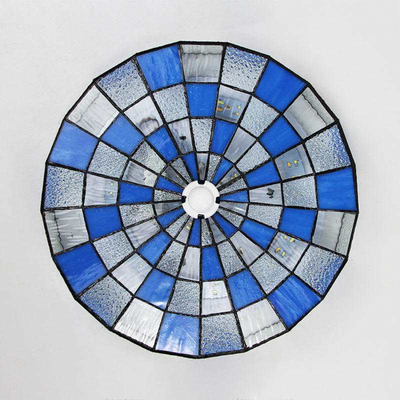 Rustic Stained Glass Flushmount Ceiling Light - Round 1-Light Fixture in Blue/White for Bedroom