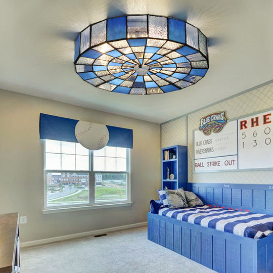 Rustic Stained Glass Flushmount Ceiling Light - Round 1-Light Fixture in Blue/White for Bedroom