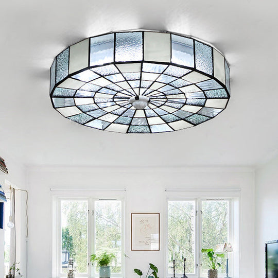 Rustic Stained Glass Flushmount Ceiling Light - Round 1-Light Fixture in Blue/White for Bedroom