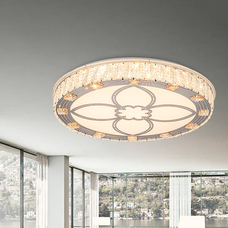 Contemporary Round Flush Mount LED Ceiling Light - White Acrylic Fixture with Crystal Accent