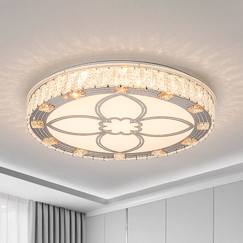 Contemporary Round Flush Mount LED Ceiling Light - White Acrylic Fixture with Crystal Accent