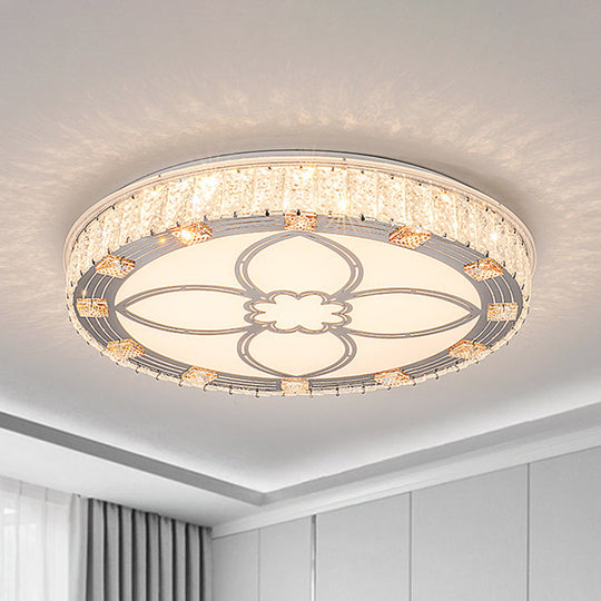 Contemporary Round Flush Mount LED Ceiling Light - White Acrylic Fixture with Crystal Accent